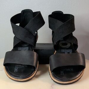 Black Leather & Stretch Strap Sandals - Sorel Ella II Flat Sandal